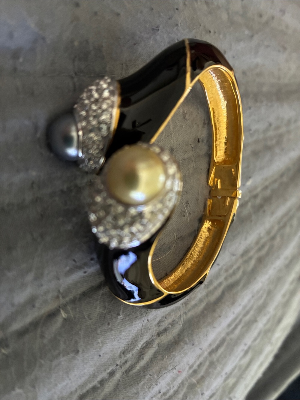 Kenneth Jay Lane Black and Gold Enamel Bracelet with Dual Pearls